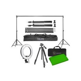 Kit Takama YouTube Photography Lighting (tripie/monopie, Portafondos, 2 Pinzas, Lámpara de Anillo, Tela Verde y Estuches)